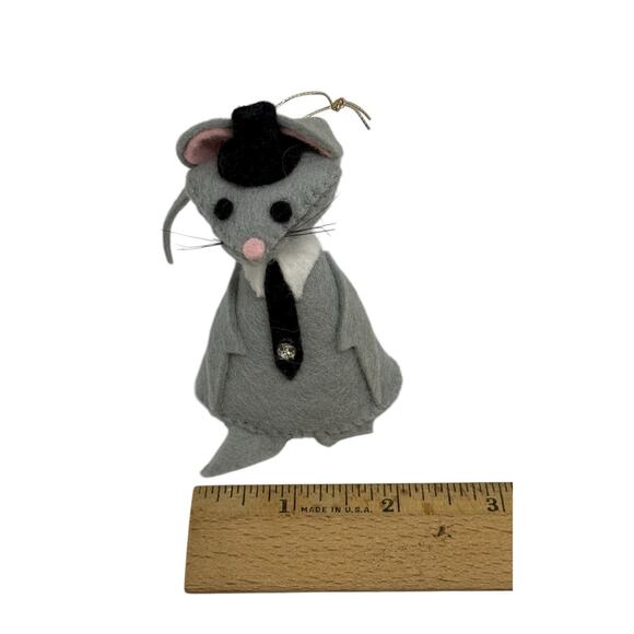 Vintage Gray Wool Felted Mouse Ornament Black Top Hat Collar Tie Handcrafted - Picture 9 of 12
